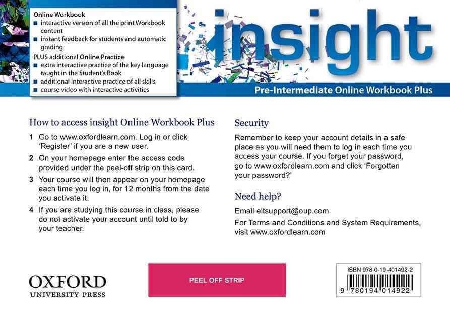 Insight: Pre-Intermediate: Online Workbook Plus - Card With Access Code