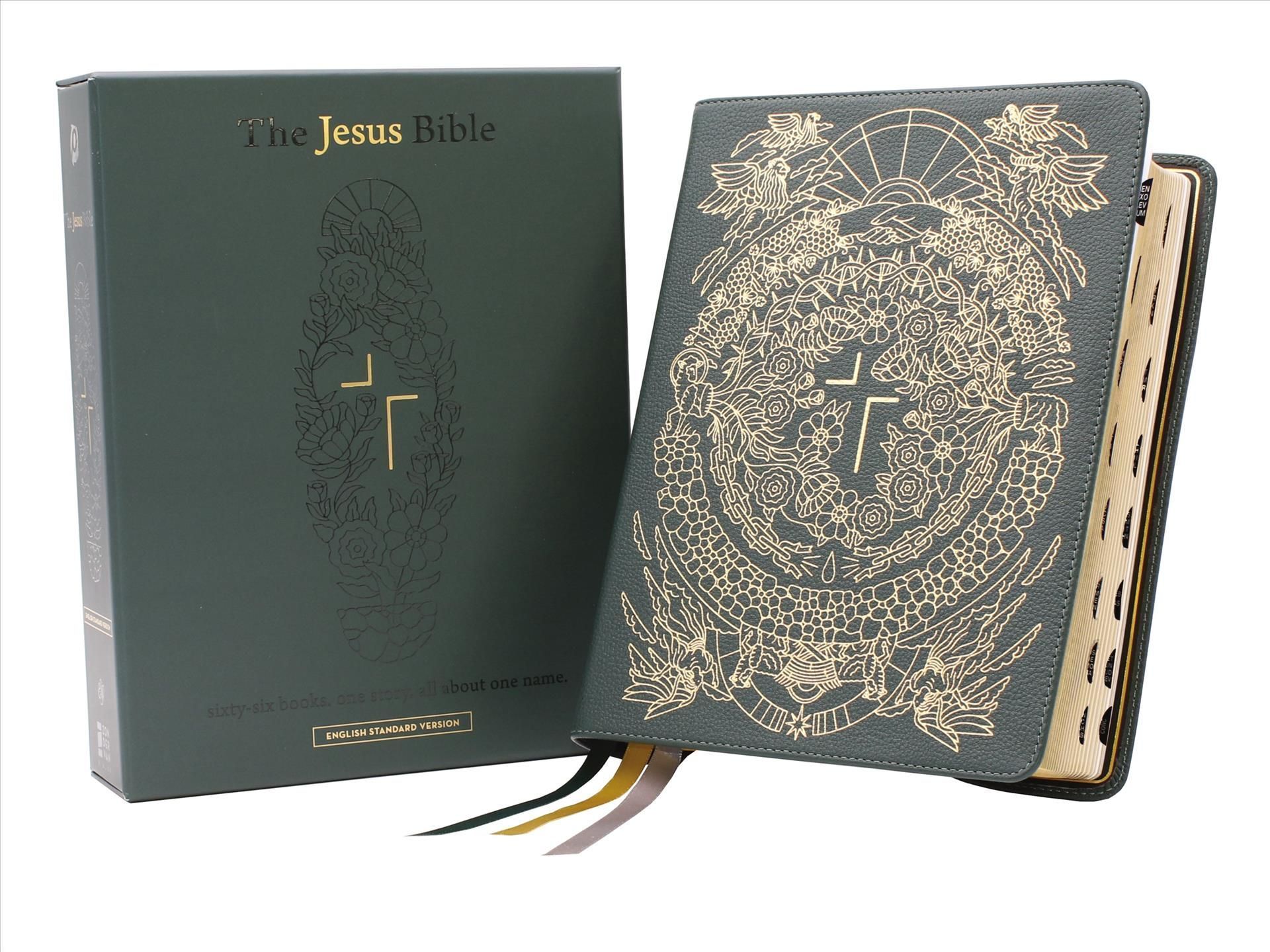 The Jesus Bible Artist Edition, ESV, (With Thumb Tabs to Help Locate the Books of the Bible), Genuine Leather, Calfskin, Green, Limited Edition, ...