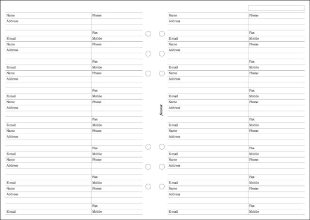 Filofax A5 Name, address, email, telephone, fax, mobile refill