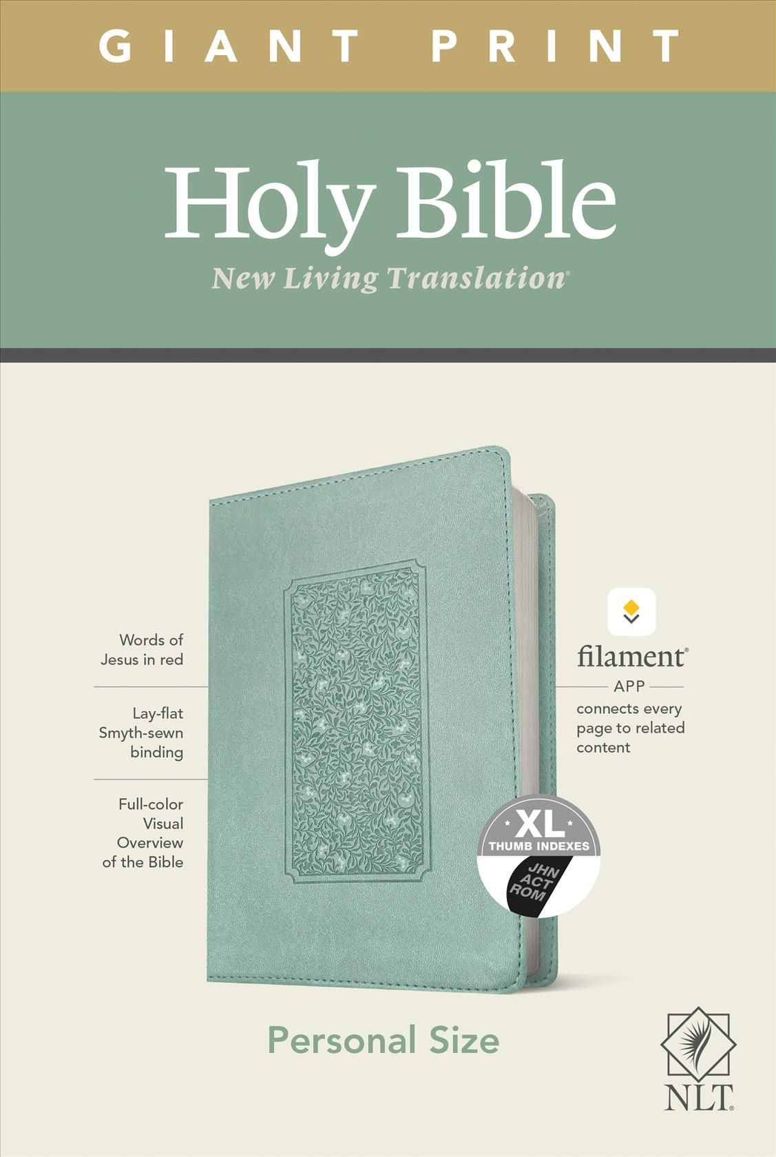 NLT Personal Size Giant Print Bible, Filament Enabled (LeatherLike, Floral Frame Teal, Indexed, Red Letter)
