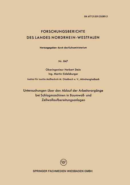 Untersuchungen Über Den Ablauf Der Arbeitsvorgänge Bei Schlagmaschinen in Baumwoll- Und Zellwollaufbereitungsanlagen